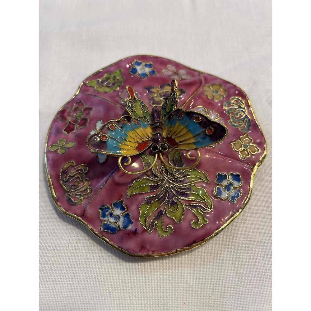 Cloisonné Trinket Dish Blue Floral 3D Butterfly Box